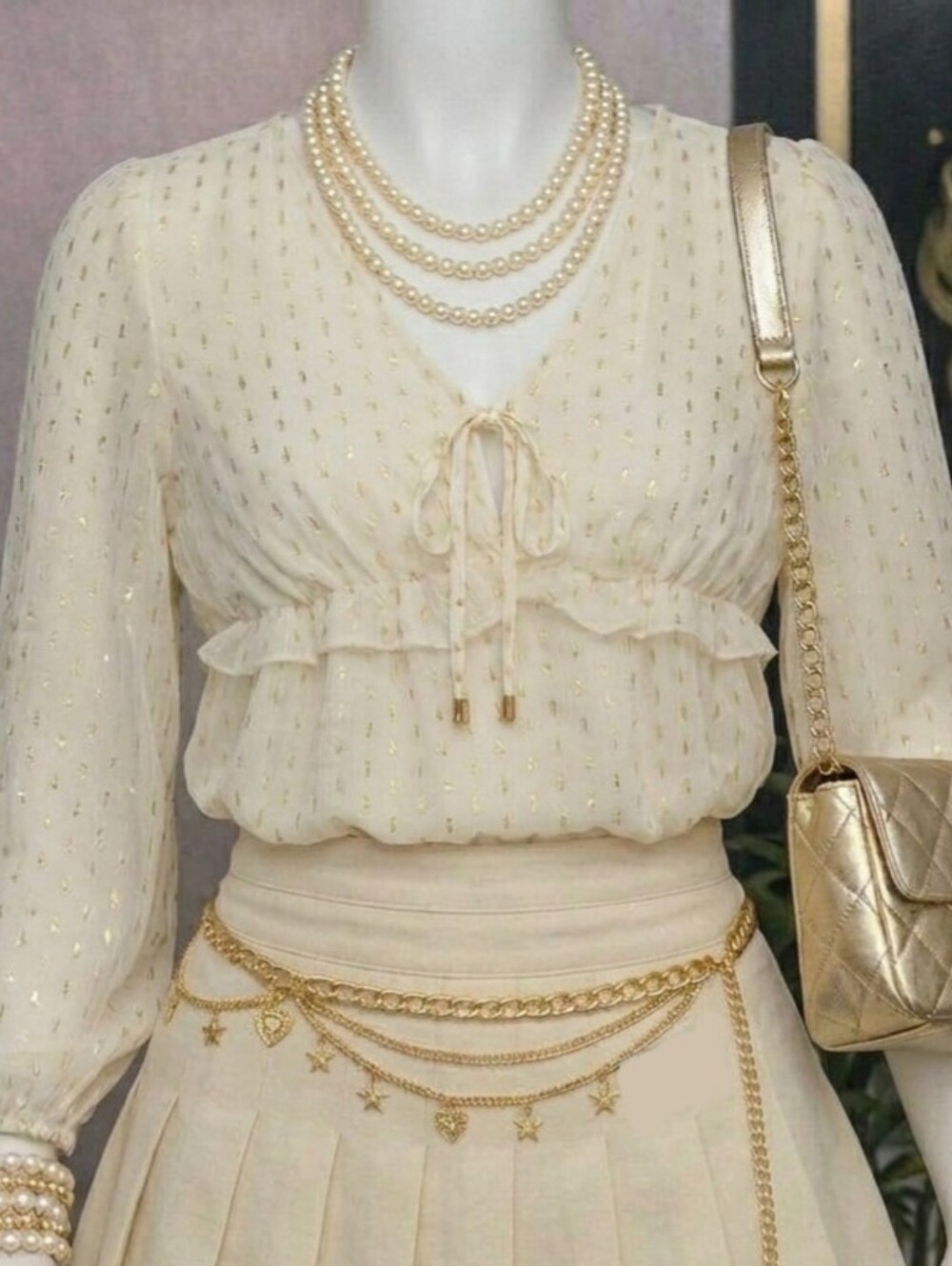 Old Navy Gold Dot Sheer Blouse Cream V Neck Tie Long Sleeve Women's Medium NWT
